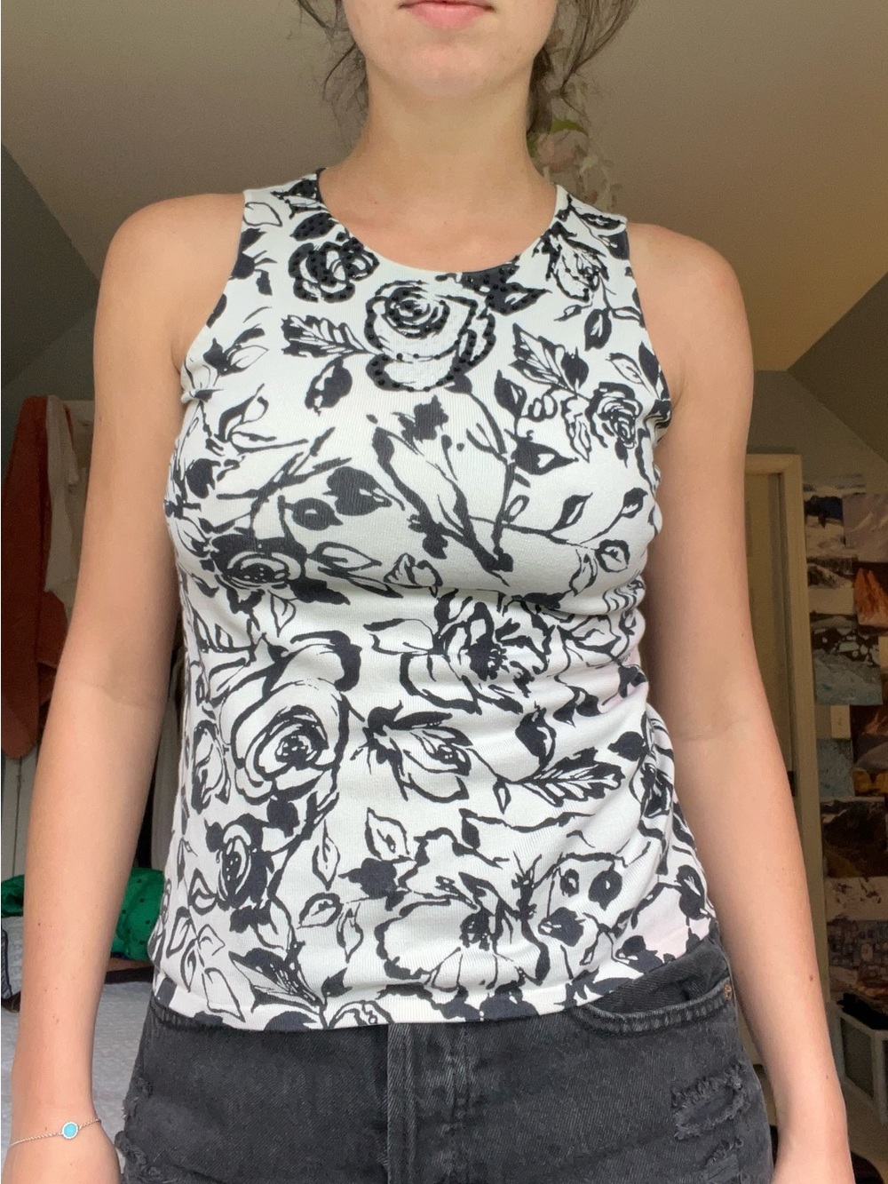 Ann Taylor Black & White Floral Ribbed Tank
